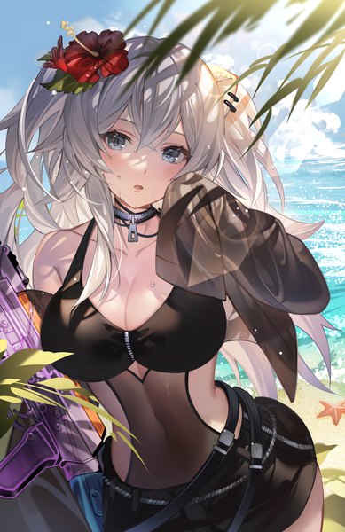 Anime picture 1447x2232 with virtual youtuber hololive shishiro botan noir eku single long hair tall image looking at viewer blush fringe breasts open mouth light erotic hair between eyes large breasts standing holding animal ears sky cloud (clouds)