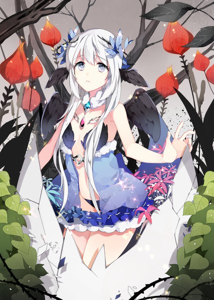 Anime picture 800x1122 with original dasulchan single long hair tall image fringe blue eyes light erotic standing bare shoulders white hair black wings head wings girl hair ornament flower (flowers) wings choker leaf (leaves) jewelry