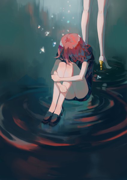 Anime picture 900x1273 with houseki no kuni phosphophyllite cinnabar (houseki no kuni) tamomoko long hair tall image sitting red hair high heels legs solo focus androgynous ripples embryo's pose shoes loafers