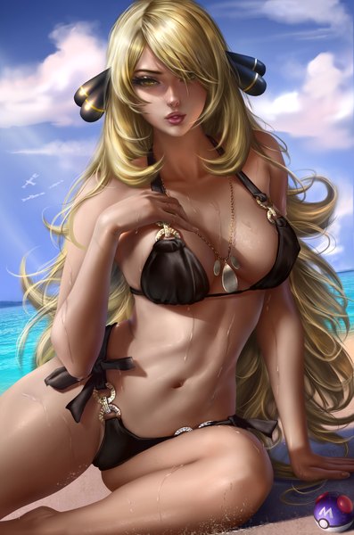 Anime picture 2894x4367 with pokemon pokemon dppt nintendo cynthia (pokemon) wingull logan cure single long hair tall image looking at viewer fringe highres breasts light erotic blonde hair hair between eyes large breasts sitting bare shoulders yellow eyes