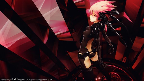 Anime picture 2560x1440 with redjuice highres short hair red eyes wide image standing pink hair mecha musume girl gloves pilot suit android