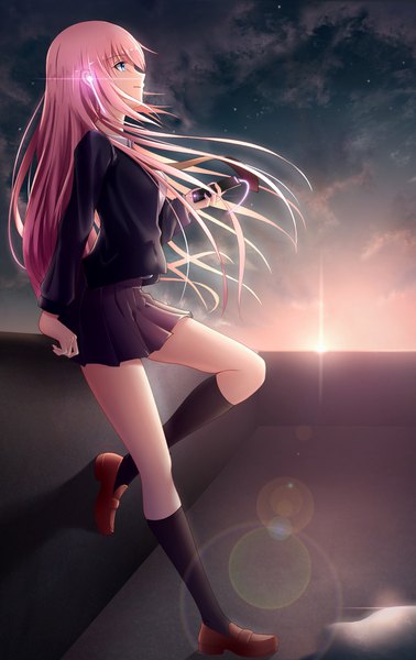 Anime-Bild 1260x2000 mit vocaloid megurine luka geduan single long hair tall image fringe blue eyes standing holding looking away pink hair sky cloud (clouds) full body bent knee (knees) outdoors profile pleated skirt arm support