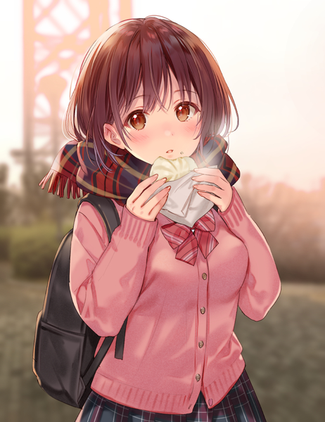 Anime picture 675x876 with original sorai mahiru (fukahire) fukahire (ruinon) single tall image looking at viewer blush fringe short hair breasts open mouth brown hair standing holding brown eyes outdoors blurry depth of field sleeves past wrists plaid skirt