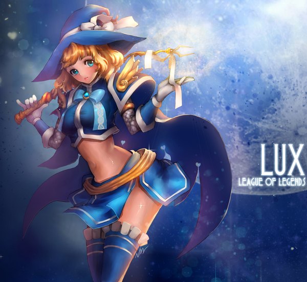 Anime picture 1800x1656 with league of legends lux (league of legends) nal (artist) single looking at viewer blush highres short hair blue eyes blonde hair legs girl thighhighs skirt gloves navel bow hat moon cloak