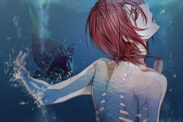 Anime picture 1230x825 with free! kyoto animation matsuoka rin toya kure single looking at viewer red eyes red hair back underwater skeleton bone (bones) boy glasses bubble (bubbles) fish (fishes)