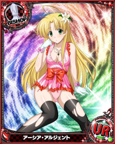 Anime picture 640x800 with highschool dxd asia argento single long hair tall image looking at viewer blush light erotic blonde hair green eyes hair flower torn clothes card (medium) girl thighhighs dress gloves underwear panties flower (flowers)