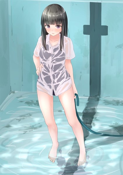Anime picture 844x1200 with original minagiku single long hair tall image looking at viewer blush black hair holding parted lips barefoot bare legs shadow wet no shoes wet clothes wet shirt girl swimsuit shirt