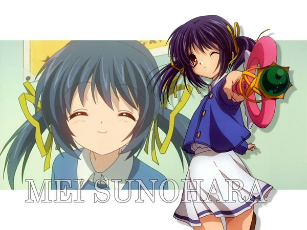 Anime picture 1024x768 with clannad key (studio) sunohara mei single long hair looking at viewer black hair smile red eyes twintails purple hair eyes closed one eye closed wink wallpaper character names letterboxed spread arms ^ ^ screenshot