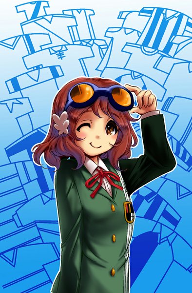 Anime picture 689x1048 with original mana12 single tall image looking at viewer blush short hair smile brown hair brown eyes one eye closed wink girl uniform school uniform goggles