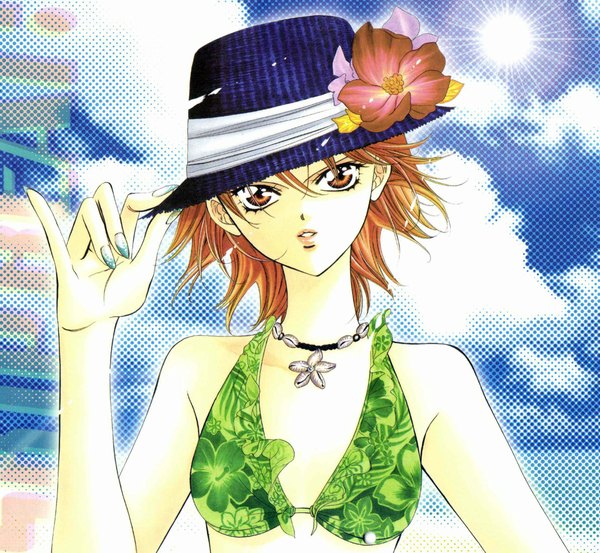 Anime picture 2200x2031 with skip beat! mogami kyoko highres short hair sky cloud (clouds) nail polish orange hair orange eyes beach sand girl flower (flowers) swimsuit hat sea pendant necklace sun