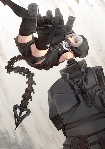 Anime picture 827x1169 with black rock shooter strength (black rock shooter) fu-ta single tall image looking at viewer short hair light erotic brown eyes bent knee (knees) white hair tail falling girl thighhighs weapon black thighhighs shorts boots gun