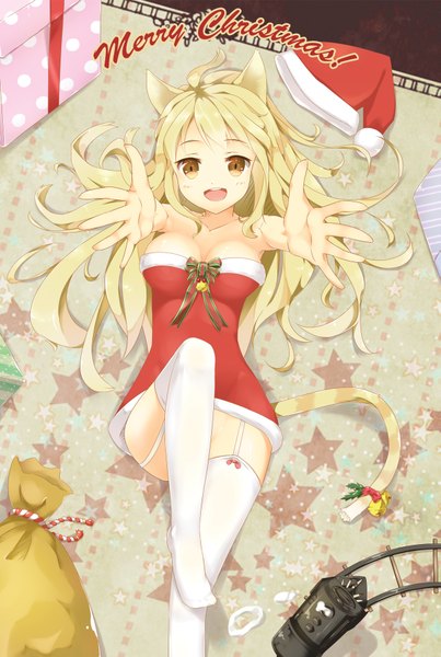 Anime picture 1205x1795 with original kutata (artist) single long hair tall image open mouth light erotic blonde hair animal ears yellow eyes cat ears cat girl cat tail christmas merry christmas girl thighhighs white thighhighs star (symbol) santa claus hat