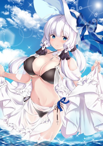 Anime picture 4961x7016 with azur lane illustrious (azur lane) vestal (azur lane) mamizu single long hair tall image looking at viewer blush fringe highres breasts blue eyes light erotic smile large breasts standing twintails bare shoulders holding