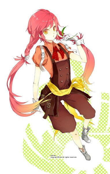 Anime picture 635x1000 with original niso long hair tall image simple background white background holding yellow eyes pink hair braid (braids) very long hair multicolored hair twin braids girl gloves ribbon (ribbons) plant (plants) overalls