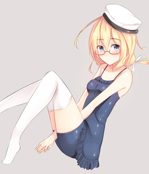 Anime picture 1200x1400 with kantai collection i-8 submarine hiiragi hajime single long hair tall image looking at viewer blush blue eyes light erotic simple background blonde hair smile sitting bare shoulders grey background between legs girl thighhighs dress