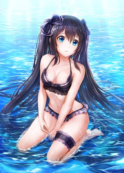 Anime-Bild 640x896 mit original lunacle single tall image blush fringe breasts blue eyes light erotic black hair hair between eyes sitting bare shoulders payot cleavage full body outdoors very long hair barefoot from above