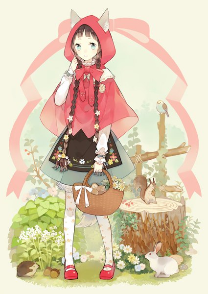 Anime picture 600x847 with little red riding hood original little red riding hood (character) seuga single long hair tall image looking at viewer blush fringe open mouth brown hair standing holding animal ears payot full body tail braid (braids) animal tail