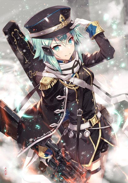Anime picture 700x1000 with sword art online a-1 pictures asada shino gabiran single tall image looking at viewer fringe short hair smile hair between eyes standing signed long sleeves aqua eyes aqua hair arm support snowing adjusting hat girl