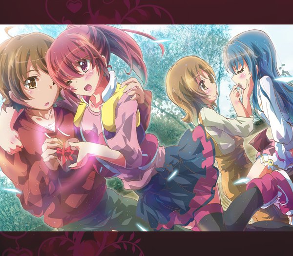 Anime picture 1600x1400 with precure happinesscharge precure! toei animation shirayuki hime aino megumi oomori yuuko sagara seiji inoshishi (ikatomo) long hair blush short hair open mouth brown hair multiple girls brown eyes blue hair purple hair ponytail eyes closed pink eyes