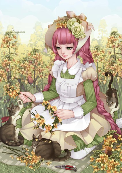 Anime picture 2480x3508 with dong xiao long hair tall image blush highres sitting green eyes signed pink hair braid (braids) hair flower twin braids girl hair ornament flower (flowers) animal petals headdress bird (birds) insect