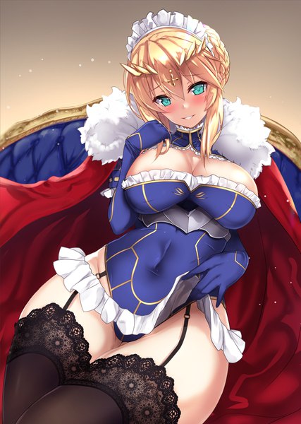Anime picture 1431x2012 with fate (series) fate/grand order artoria pendragon (all) artoria pendragon (lancer) untue single tall image looking at viewer blush fringe short hair breasts light erotic blonde hair smile large breasts sitting payot braid (braids) parted lips
