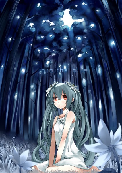 Anime picture 1003x1416 with vocaloid hatsune miku senri gan single long hair tall image blush open mouth red eyes sitting twintails bare shoulders hair flower aqua hair :o girl hair ornament flower (flowers) plant (plants) tree (trees)