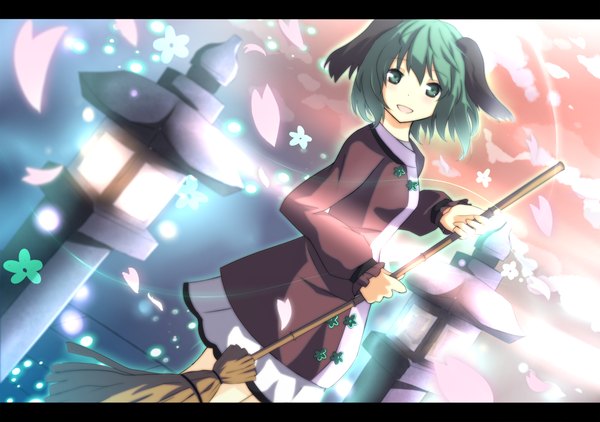 Anime picture 1000x704 with touhou kasodani kyouko itoo (artist) single looking at viewer short hair open mouth green eyes animal ears green hair girl skirt miniskirt petals broom