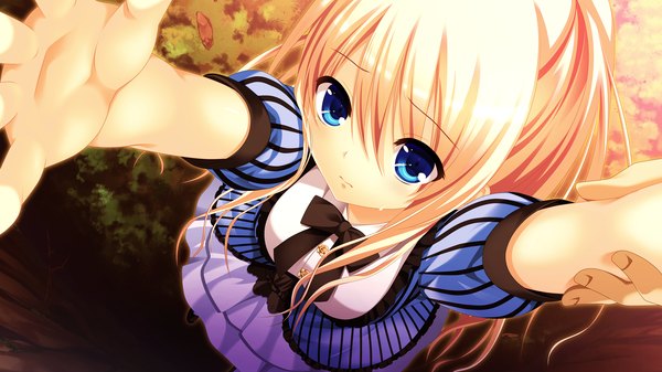 Anime picture 2560x1440 with gensou no idea kujou mitsuki makita maki single long hair looking at viewer highres blue eyes blonde hair wide image game cg girl dress bow