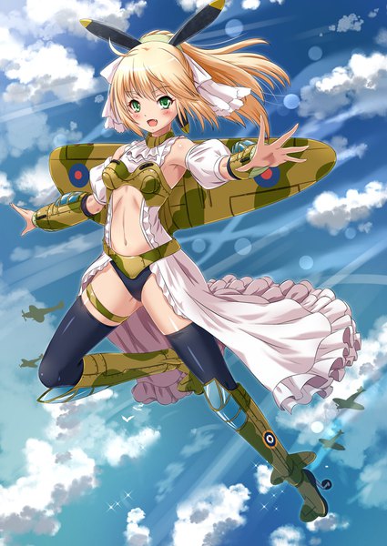 Anime picture 800x1130 with original chaki-yam single long hair tall image looking at viewer blush open mouth light erotic blonde hair smile green eyes sky cloud (clouds) ponytail bare belly fang (fangs) puffy sleeves outstretched arm flying