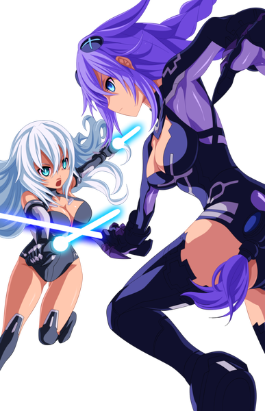 Anime picture 1938x3000 with choujigen game neptune purple heart black heart tremblax long hair tall image highres open mouth blue eyes light erotic multiple girls holding purple hair white hair braid (braids) profile twin braids coloring transparent background dual wielding