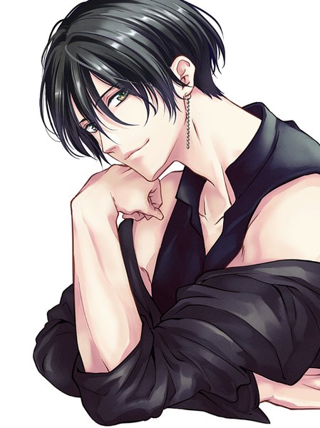 Anime picture 697x931 with original rera (12169432) single tall image looking at viewer fringe short hair black hair simple background smile hair between eyes white background bare shoulders upper body head tilt light smile grey eyes sleeveless open collar chin rest