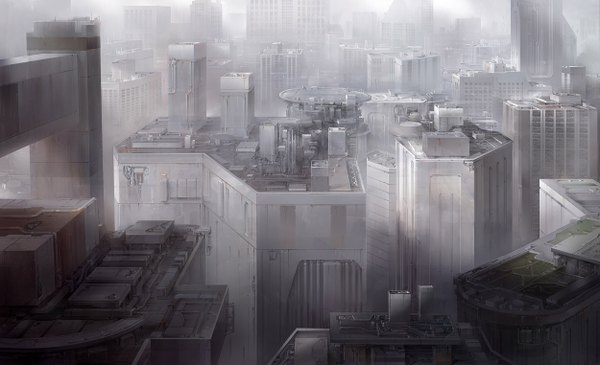 Anime picture 1250x762 with original paperblue wide image city cityscape science fiction building (buildings) roof