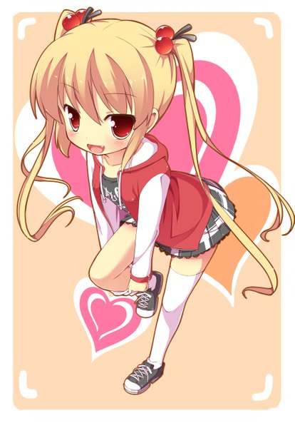 Anime picture 1017x1473 with original masaki (machisora) single long hair tall image blush open mouth blonde hair red eyes twintails loli girl thighhighs skirt hair ornament miniskirt white thighhighs