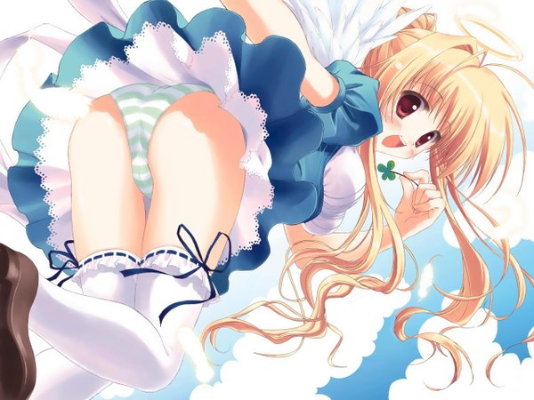 Anime picture 1280x960 with ryohka light erotic upskirt angel thighhighs underwear panties striped panties