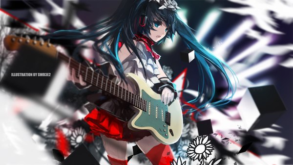 Anime picture 1511x850 with project diva f 2nd vocaloid nisoku hokou (vocaloid) hatsune miku swd3e2 single long hair open mouth blue eyes wide image looking away hair flower aqua hair inscription singing girl thighhighs skirt hair ornament flower (flowers)