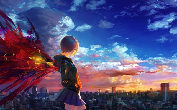 Anime picture 3840x2400 with tokyo ghoul studio pierrot kirishima touka wayne chan single looking at viewer fringe highres short hair red eyes signed blue hair absurdres sky cloud (clouds) red hair long sleeves head tilt pleated skirt multicolored hair