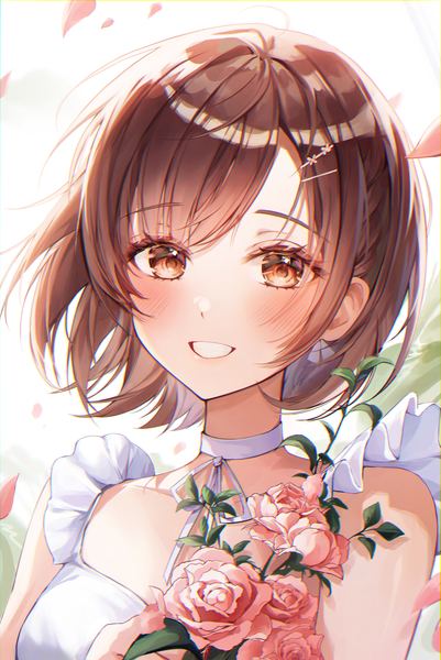 Anime picture 3259x4880 with project sekai shinonome ena youwon0417 single tall image looking at viewer blush fringe highres short hair smile brown hair brown eyes absurdres upper body grin girl flower (flowers) choker rose (roses)