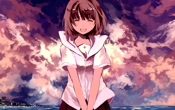 Anime picture 3000x1894 with original tan (tangent) single highres smile brown hair sky cloud (clouds) eyes closed city girl sea