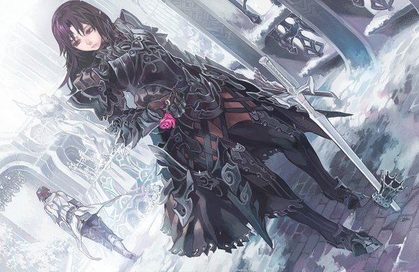 Anime picture 1400x912 with original aoin long hair purple eyes purple hair snow warrior girl boy gloves sword armor rose (roses) ring cloak statue