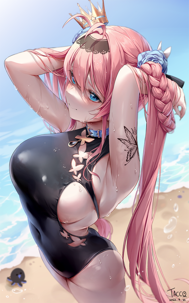 Anime picture 1000x1600 with original tacco (tikeworld) single long hair tall image looking at viewer blush fringe breasts blue eyes light erotic hair between eyes large breasts standing twintails signed pink hair ahoge outdoors ass