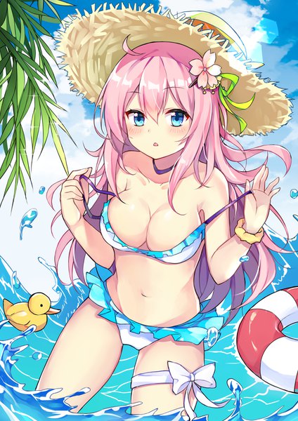 Anime picture 2480x3507 with original feng mao mc single long hair tall image looking at viewer blush fringe highres breasts open mouth blue eyes light erotic hair between eyes large breasts standing bare shoulders payot pink hair sky