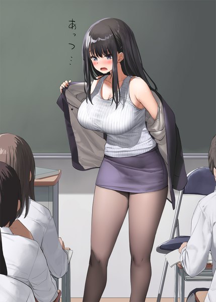Anime picture 800x1119 with original teacher (kaisen chuui) kaisen chuui long hair tall image blush fringe short hair breasts open mouth light erotic black hair brown hair standing sitting purple eyes multiple girls payot looking away indoors
