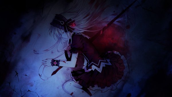 Anime picture 1280x720 with fairy fencer f tiara (fairy fencer f) tsunako single long hair wide image white hair lying eyes closed profile from above short sleeves on side spoilers bleeding death girl dress weapon bracelet