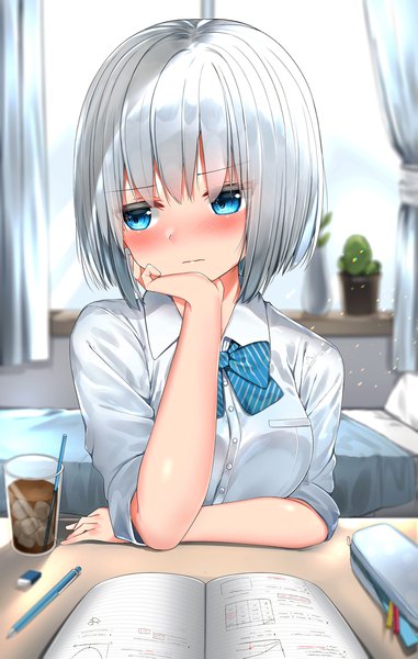 Anime picture 1505x2369 with original neku (neku draw) single tall image blush fringe short hair breasts blue eyes sitting looking away silver hair upper body indoors sunlight blurry short sleeves depth of field embarrassed chin rest