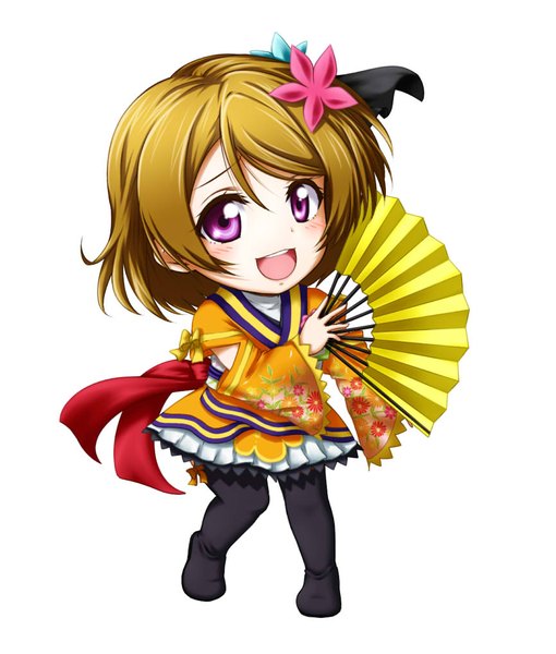 Anime picture 866x1018 with love live! school idol project sunrise (studio) love live! koizumi hanayo kuena single tall image looking at viewer blush short hair open mouth simple background brown hair white background purple eyes chibi girl dress fan