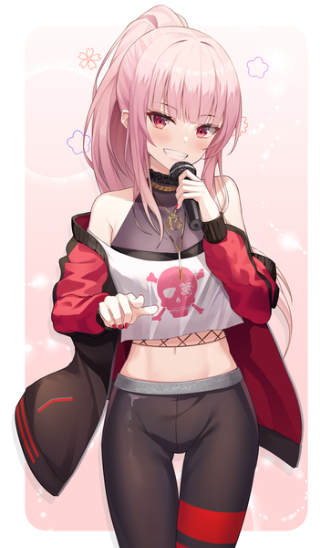 Anime picture 2300x3800 with virtual youtuber hololive hololive english mori calliope mori calliope (streetwear) shuvi (shuvi1125) single long hair tall image looking at viewer blush highres smile red eyes payot pink hair ponytail nail polish off shoulder open jacket