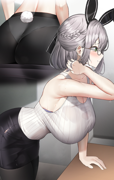 Anime picture 2500x3945 with virtual youtuber hololive shirogane noel kuse (0201) tall image looking at viewer blush fringe highres short hair breasts light erotic large breasts standing green eyes animal ears looking away silver hair ass tail