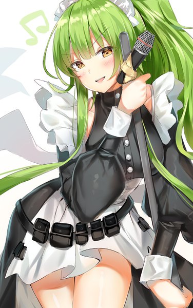 Anime picture 1800x2867 with girls frontline m950a (girls frontline) ginn (hzh770121) single long hair tall image looking at viewer blush fringe highres open mouth simple background white background holding yellow eyes payot ponytail long sleeves :d green hair