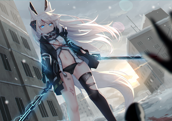 Anime picture 2339x1654 with original f (milfaaaaa) long hair looking at viewer fringe highres blue eyes light erotic hair between eyes standing holding animal ears silver hair cloud (clouds) outdoors tail long sleeves animal tail wind sunlight