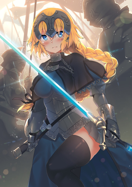 Anime picture 1171x1660 with fate (series) fate/apocrypha jeanne d'arc (fate) (all) jeanne d'arc (fate) kawai (purplrpouni) long hair tall image blush fringe breasts blue eyes blonde hair hair between eyes large breasts looking away braid (braids) sunlight zettai ryouiki single braid solo focus